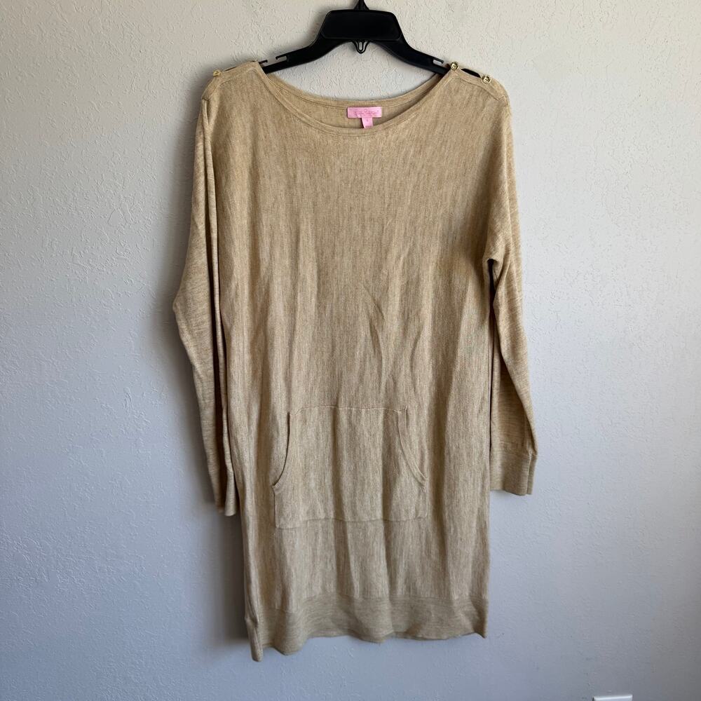 Lilly Pulitzer Jupiter Tan Sweater Dress Long Sleeve Gold Buttons Womens S